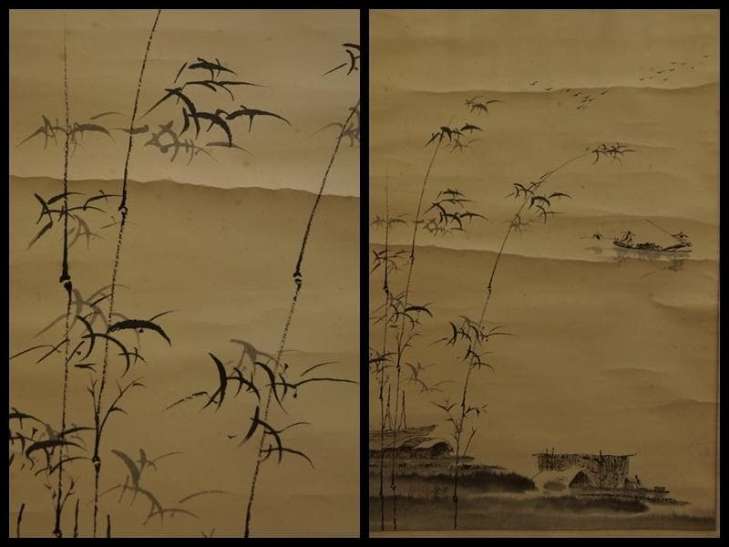 中国 掛軸 藍林書画『山水風景人物文』肉筆☆時代物☆