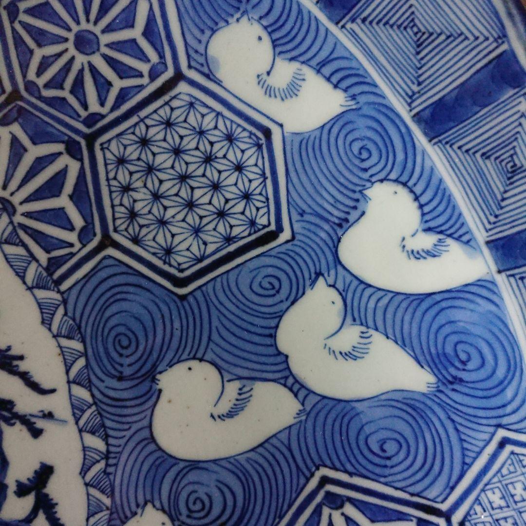 江戸 ふっくら千鳥 骨董 古伊万里 染付 大皿 輪花 アンティーク 皿 /印判