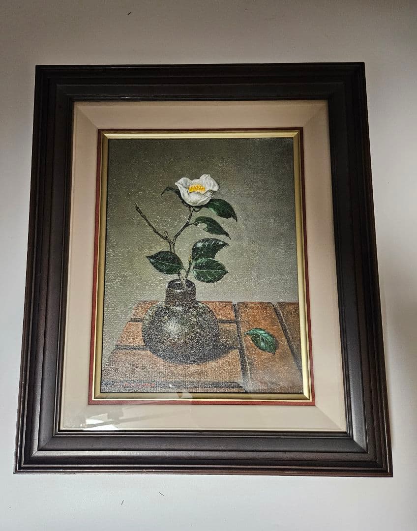 小阪正次『白椿』1978年　油彩4号　直筆サイン有 　一枚の絵取扱 額装