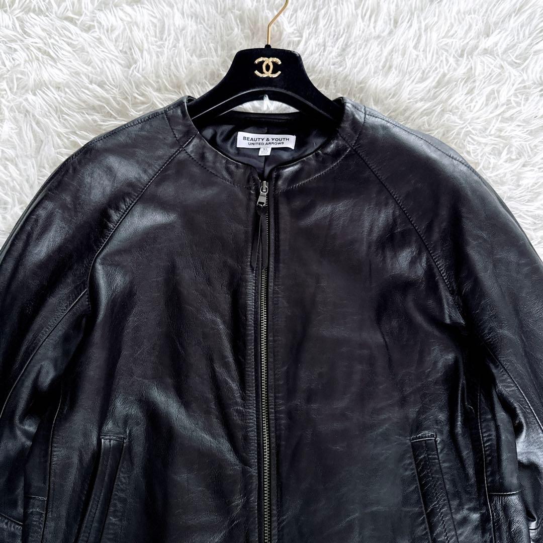 【BEAUTY&YOUTH】ノーカラー シングルライダース 牛革 ブラック XL