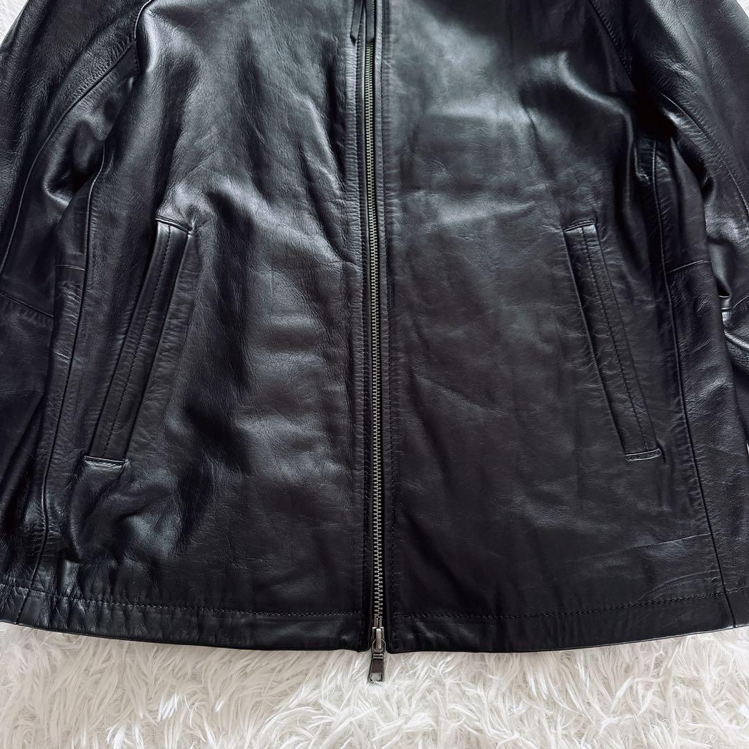 【BEAUTY&YOUTH】ノーカラー シングルライダース 牛革 ブラック XL