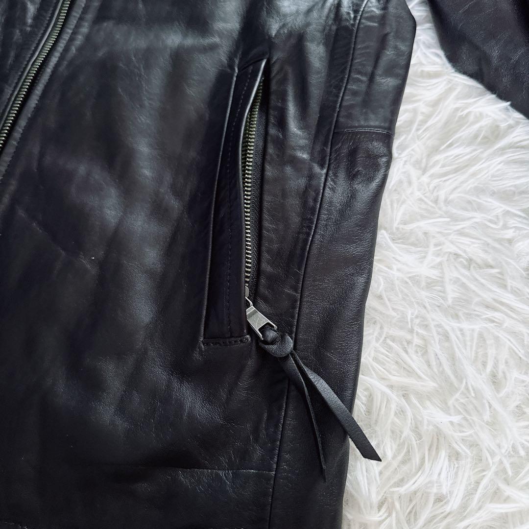 【BEAUTY&YOUTH】ノーカラー シングルライダース 牛革 ブラック XL