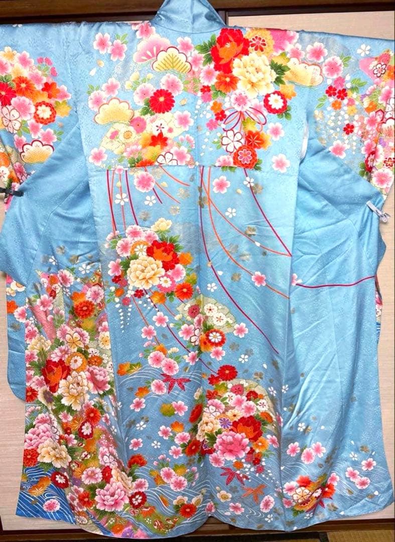 天色 牡丹 花々 振袖 身丈157