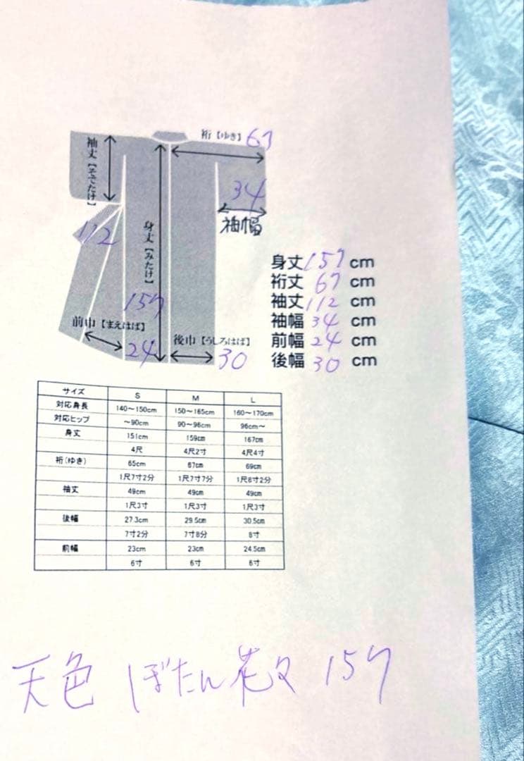 天色 牡丹 花々 振袖 身丈157