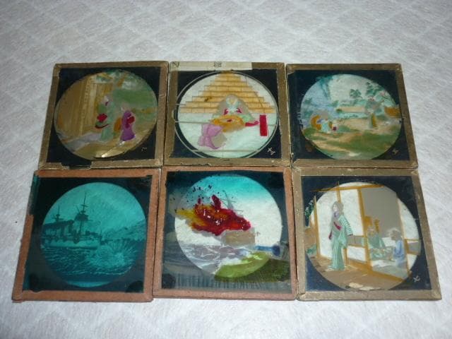 希少 明治～大正期 木箱入◆幻燈機用 ガラス板スライド（写真・天然色）19枚