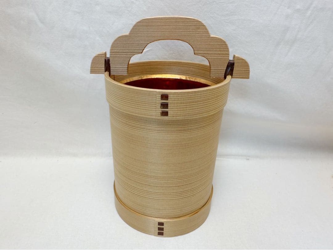 未使用 華道具 木具師 高木又三作 栗山桶 花入 手桶花器 銅落とし 刻印 共箱