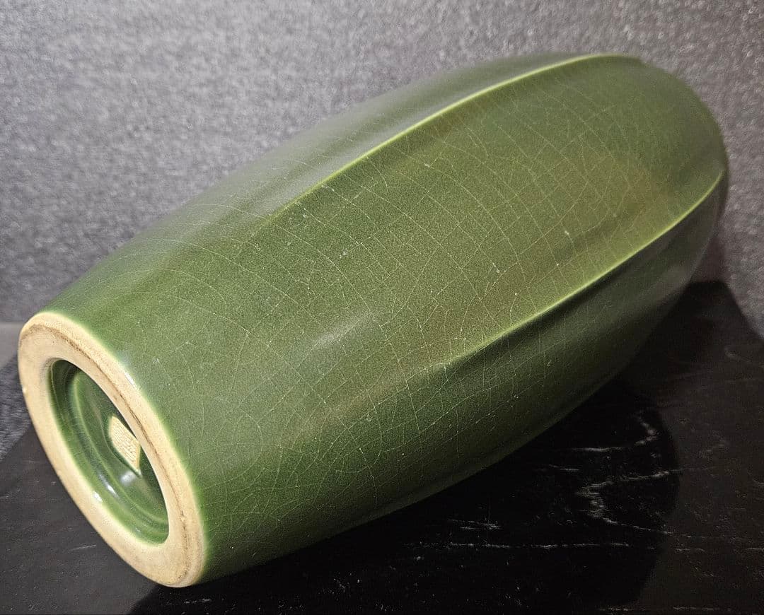 日展参与】京焼 清水焼 平安　宮下善寿 善壽 造　青緑釉　六稜文　花瓶　茶道華道