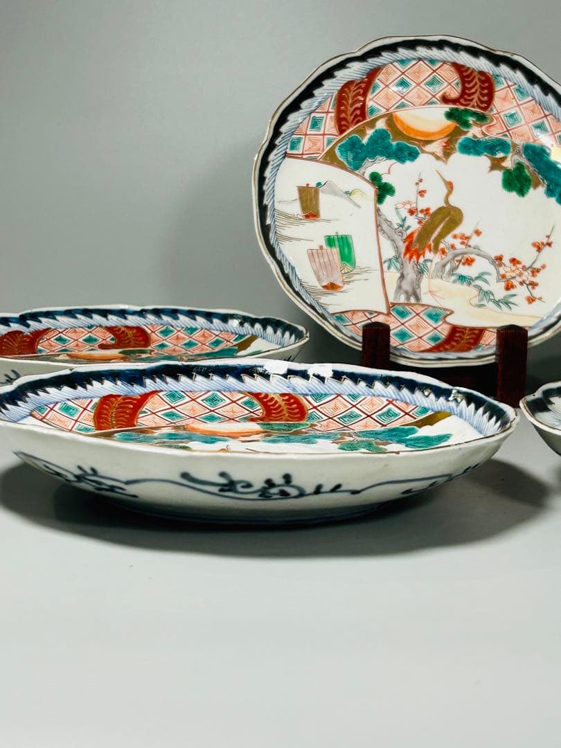 古伊万里　色絵　金襴手　松竹梅　鶴　輪花　七寸皿　5枚　21.5㎝　窓絵　帆舟