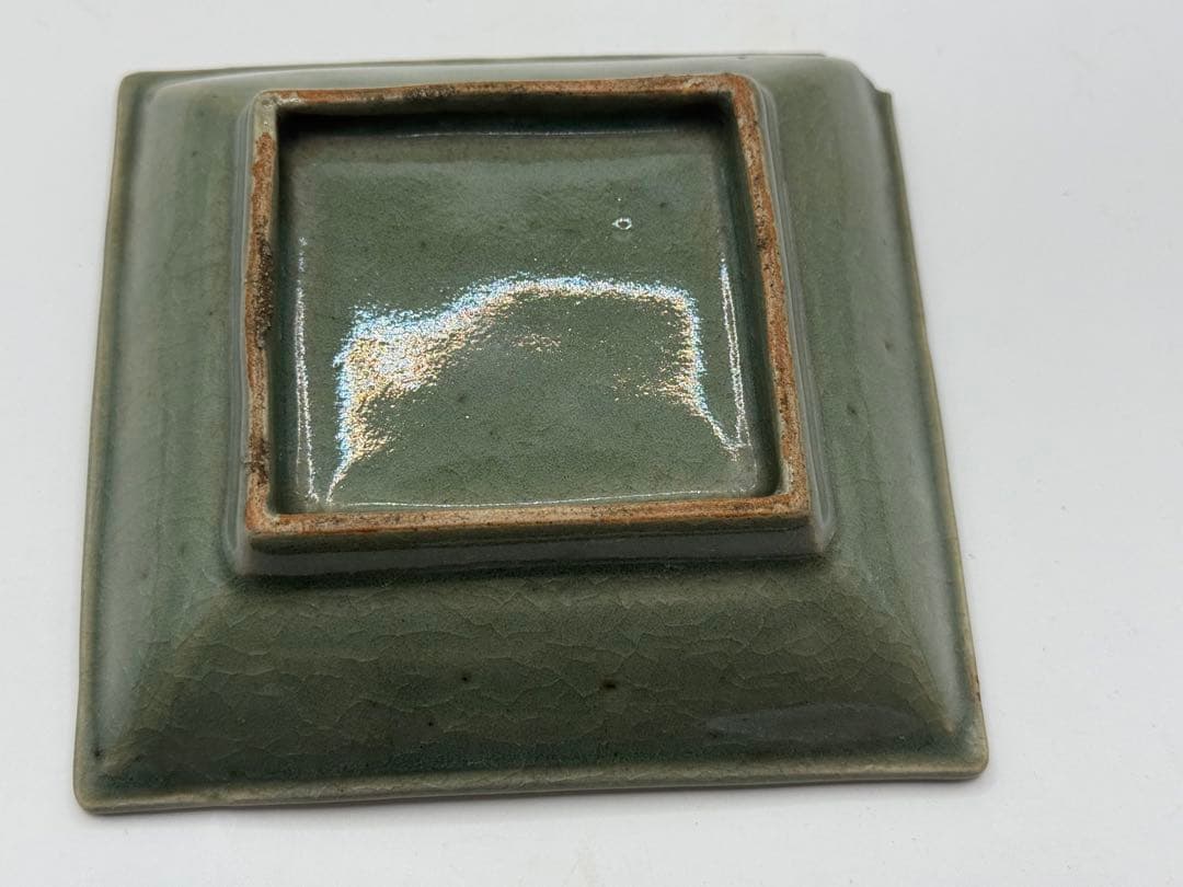 耀州窯青磁　蓮鷺紋角皿① 福如東海寿比南山　送料込み260120