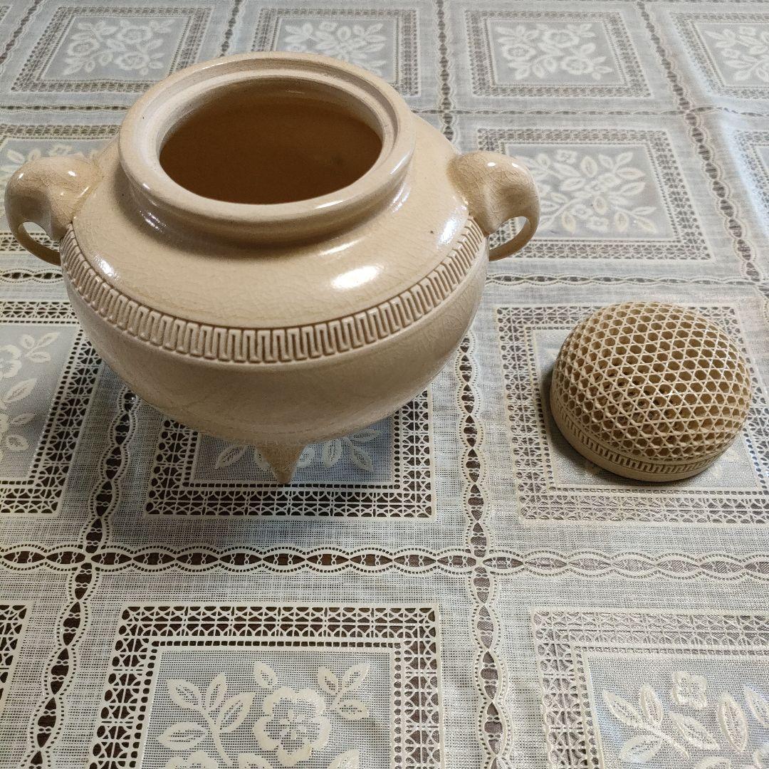 坂下光雄(号光石)作　象耳白薩摩香爐、ウコン布大小2枚＆共箱付