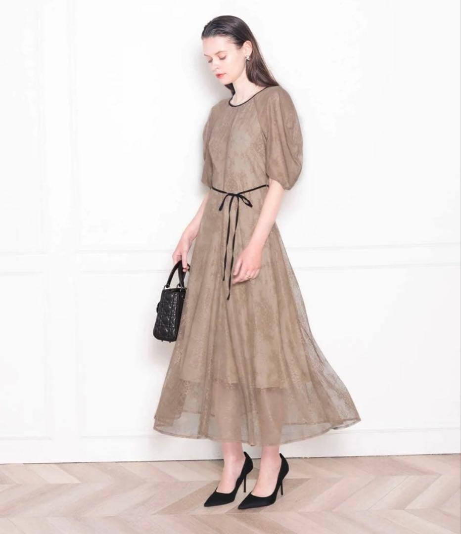 LEJA パフスリーブリボン総レースロングドレスワンピース