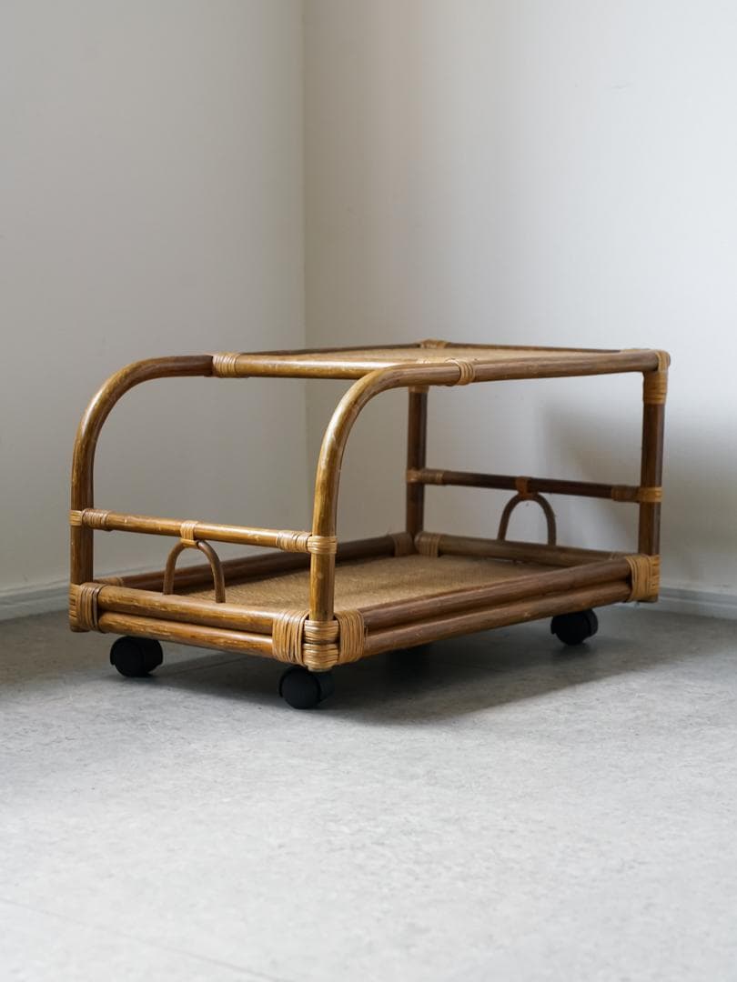 80-90's vintage ワゴンテーブル 藤 ラタン レトロモダン