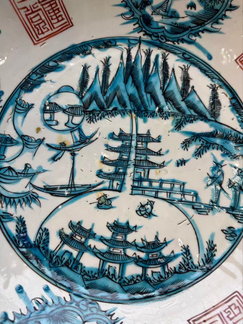 DT519 中国美術 呉須 楼閣山水図 大鉢 皿 明末期