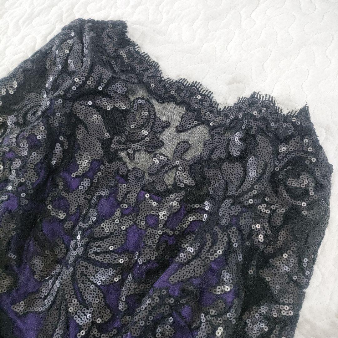 美品✨タダシショージ　レース×スパンコール　ワンピースドレス　ベルト　黒×紫