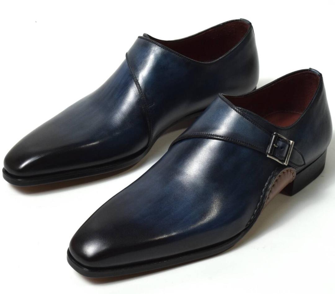 未使用 マグナーニ オパンケ モンクストラップ シューズ 37 ダークブルー