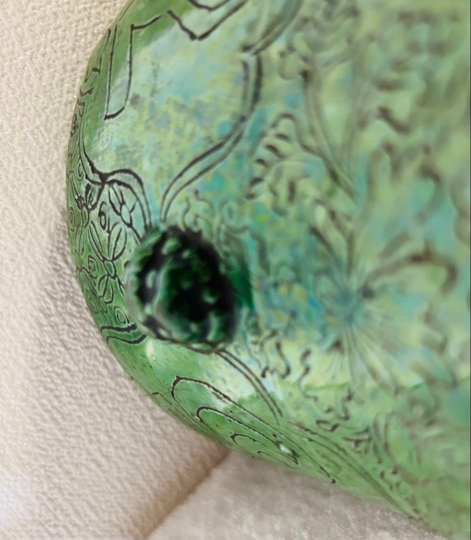 清時代　水指•マラカイト•緑釉•福字紋緑釉水指　共箱　共布