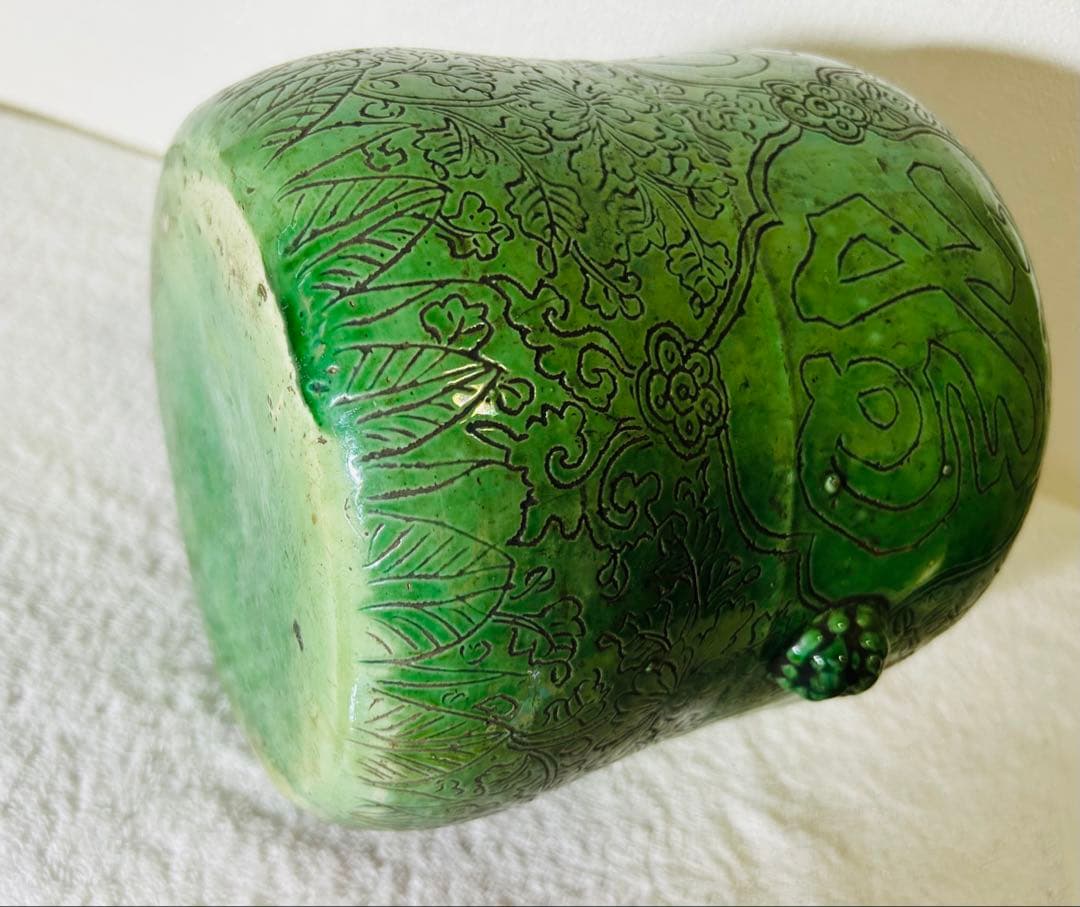 清時代　水指•マラカイト•緑釉•福字紋緑釉水指　共箱　共布