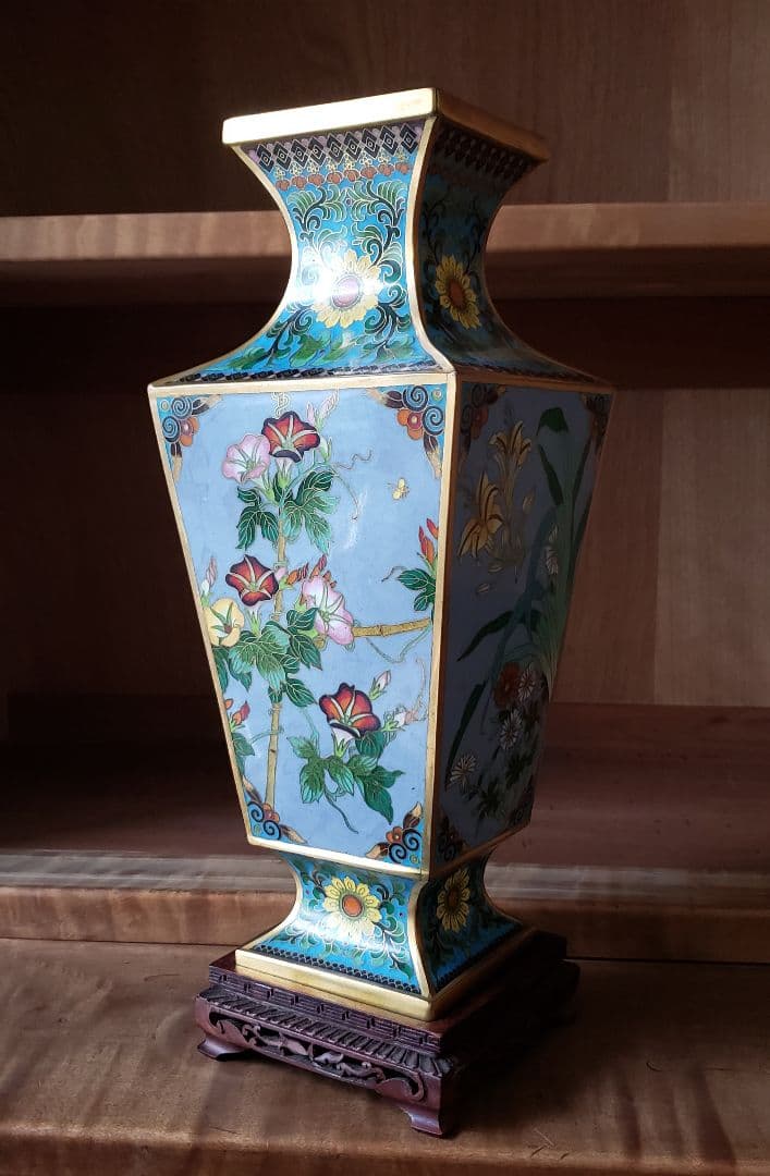 七宝 花瓶 花鳥図 台座付