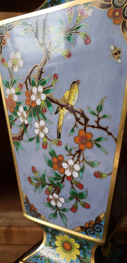 七宝 花瓶 花鳥図 台座付