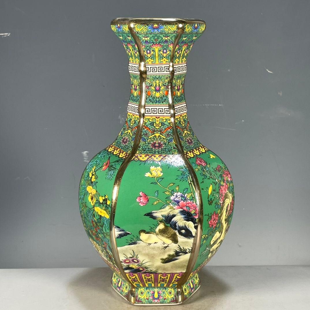 琺瑯彩花鳥紋六稜賞瓶 景徳鎮 陶磁器 装飾品 現代工芸品 美術品 置物