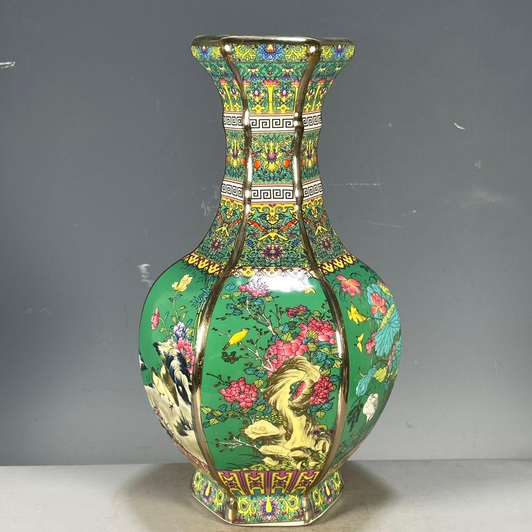 琺瑯彩花鳥紋六稜賞瓶 景徳鎮 陶磁器 装飾品 現代工芸品 美術品 置物