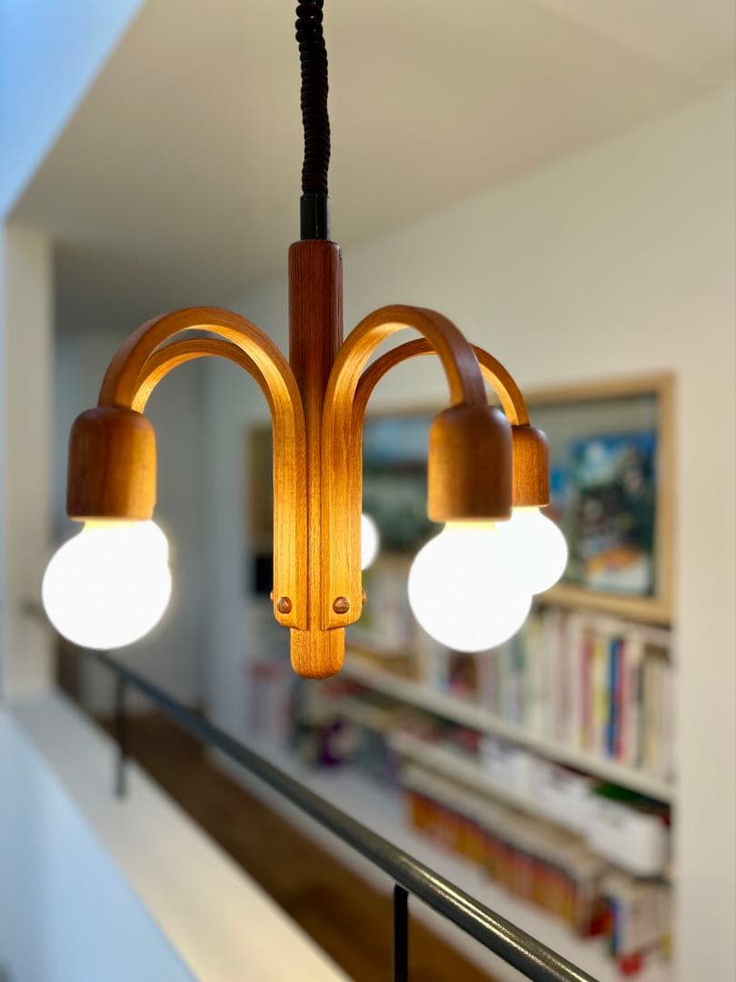 独1970年代　DOMUS　チーク無垢材　ヴィンテージ・5灯シャンデリア　美品