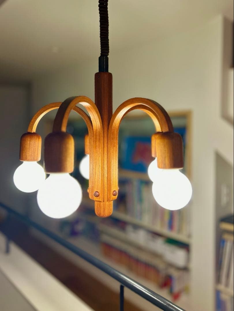 独1970年代　DOMUS　チーク無垢材　ヴィンテージ・5灯シャンデリア　美品