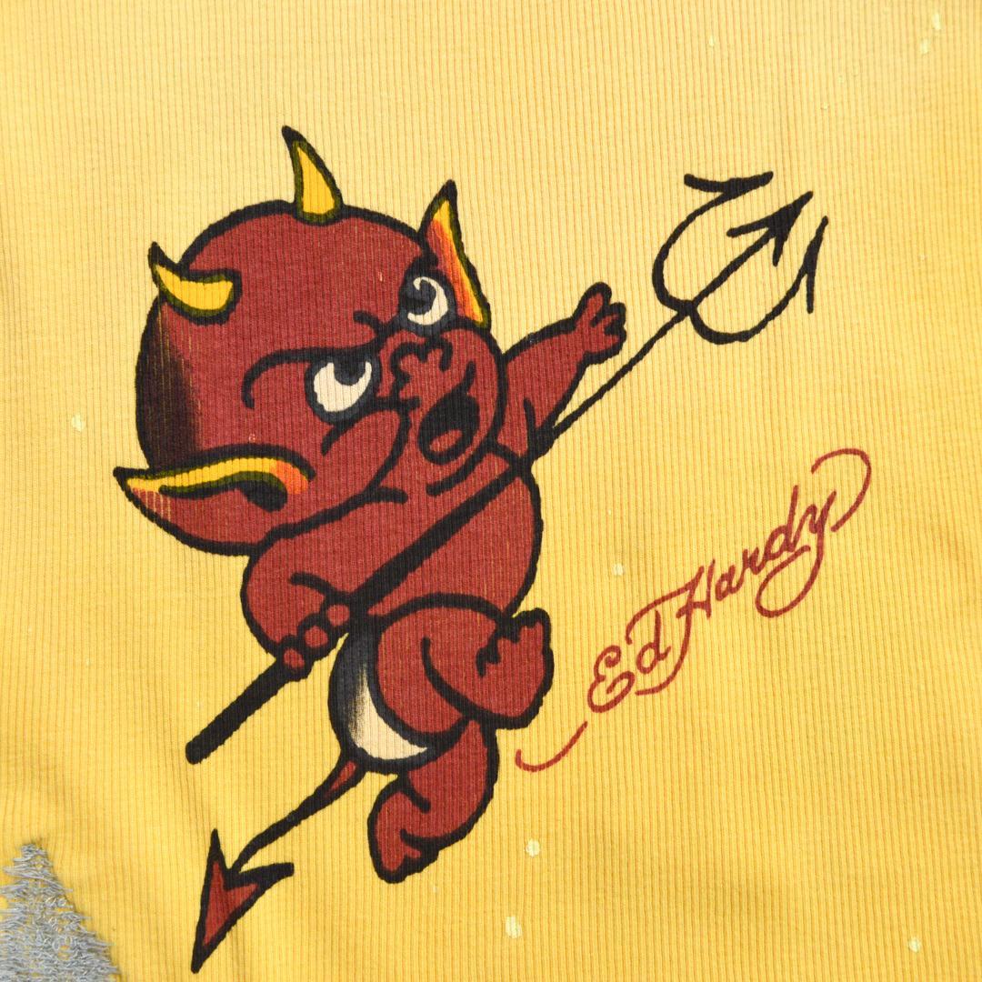 【美品】ED HARDYエドハーディ ベイビーデビル ダメージドタンクトップ黄色