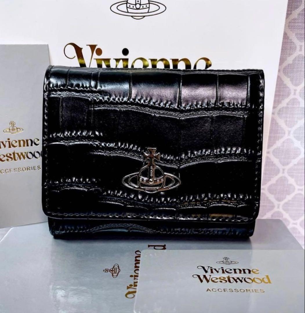 【新作☆内側に素敵な柄】新品 ヴィヴィアン・ウエストウッド 三折財布 黒