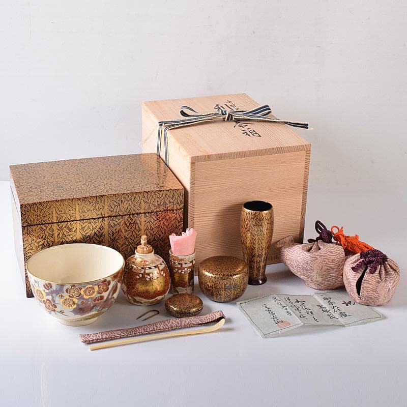 HSK KTHG九谷焼　茶碗など　八点一式　黒船裂仕覆　共箱　JR8250