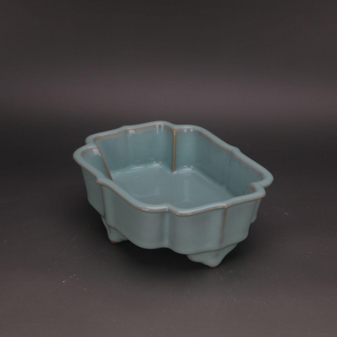 宋汝窯天青釉多方洗四足盆 文房具 書道具 文房具 現代工芸品美術品 置物
