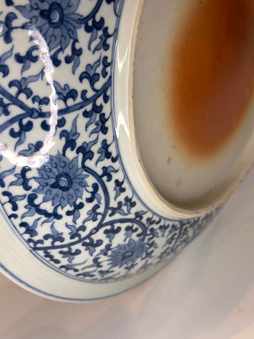 大明宣徳年製 底款 大皿 染付 花卉文 魚文 古董品 古い陶磁 皿