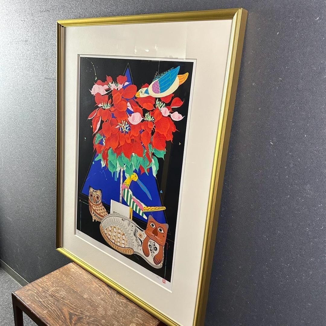 美品 中島千波「ポインセチア」リトグラフ 直筆サイン・落款有 額縁入り 日本画家