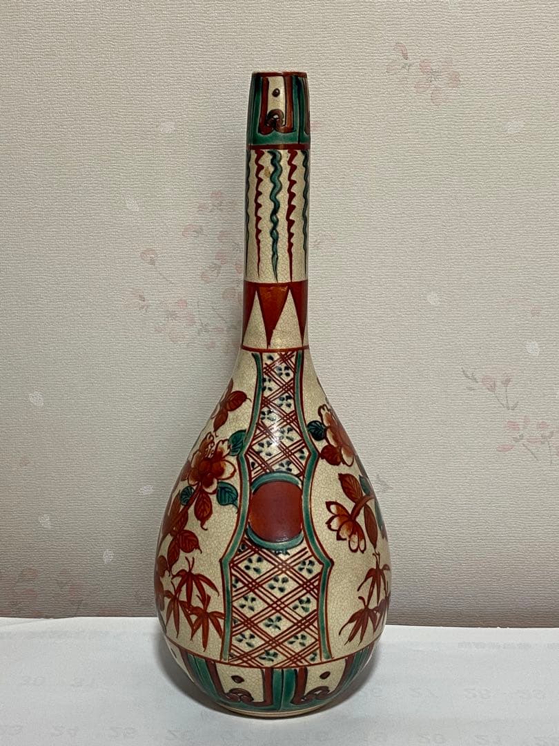 ♦赤絵 赤玉 瓔珞 鋸歯 紋様 鶴首瓶 徳利 九谷焼 越中八尾 大正時代 骨董品