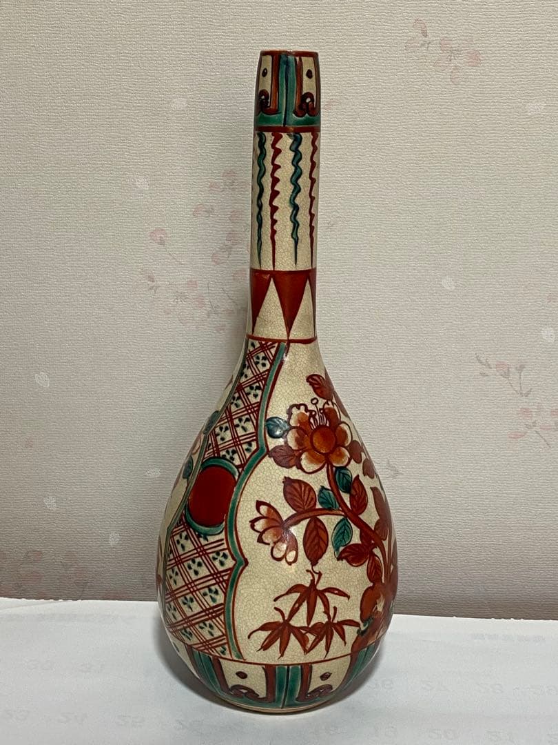 ♦赤絵 赤玉 瓔珞 鋸歯 紋様 鶴首瓶 徳利 九谷焼 越中八尾 大正時代 骨董品