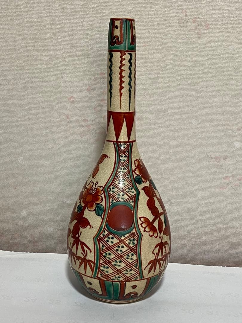 ♦赤絵 赤玉 瓔珞 鋸歯 紋様 鶴首瓶 徳利 九谷焼 越中八尾 大正時代 骨董品
