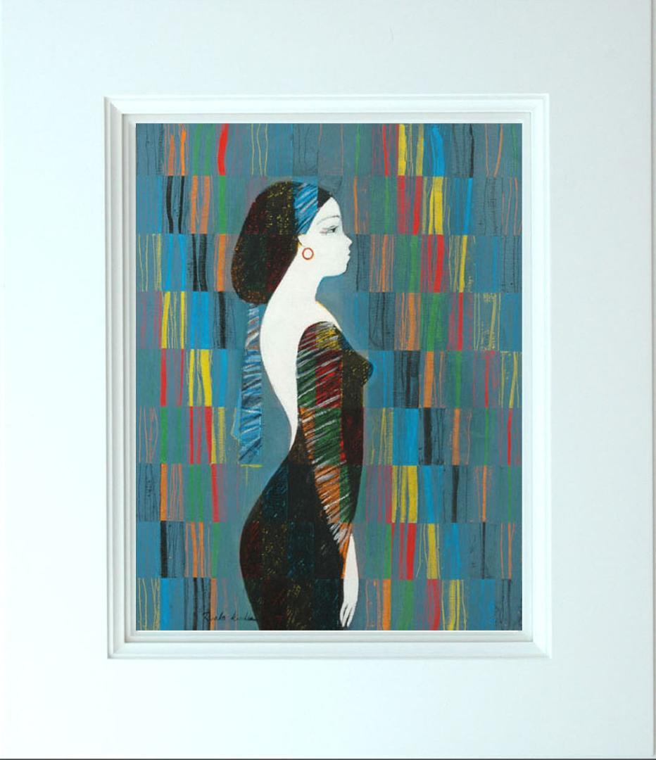 油絵 菅家令子 絵 絵画インテリア額付(青緑＋金色の枠)uF6-030214女性