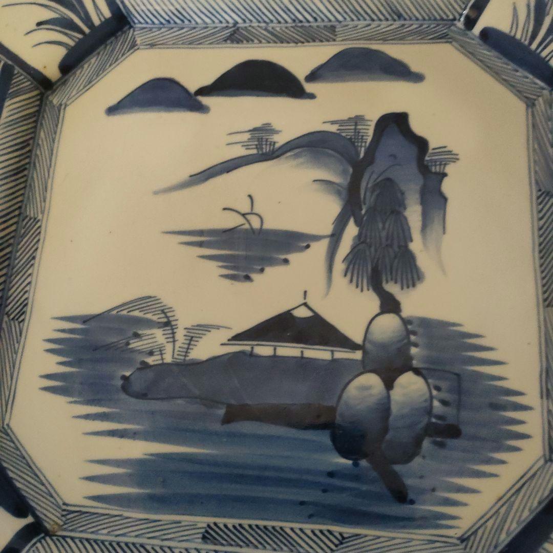古伊万里 ■染付隅切り大角皿 ■明治大正■ 骨董 ■山水手書き■時代物■古美術