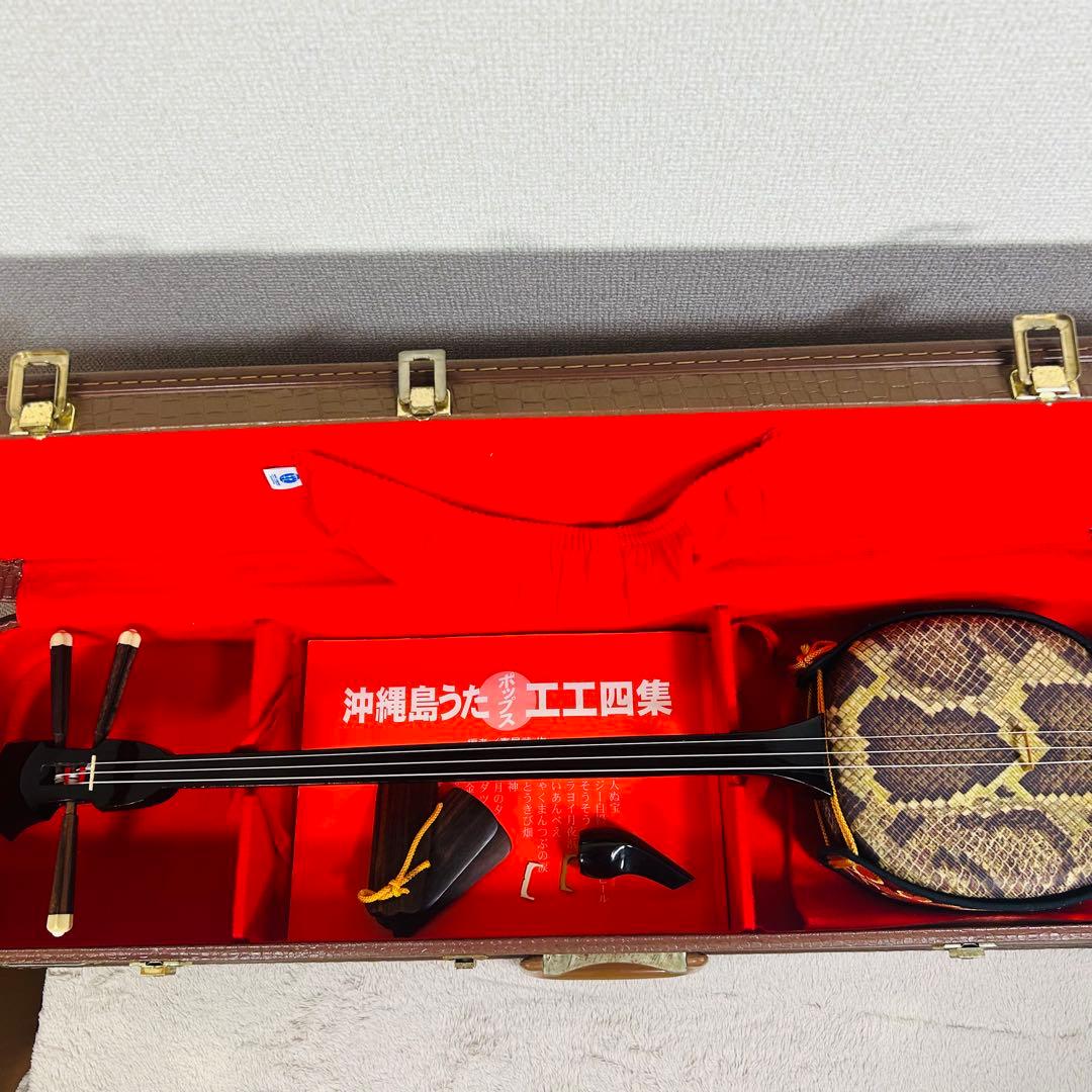 【美品】沖縄三線 三味線 人工革 合皮 ヘビ柄　ハードケース付 民族楽器 弦楽器