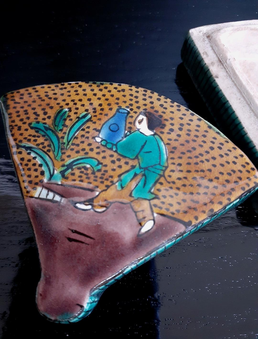 【名品】江戸末期～明治時代　古九谷　青手古九谷　扇形　壺運びの図　香合　茶道具