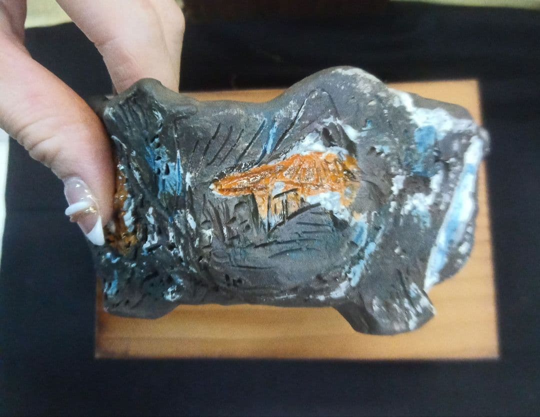 007.【浅井茶山作】岩山滝水車/変型鉢/盆栽鉢/木箱付き