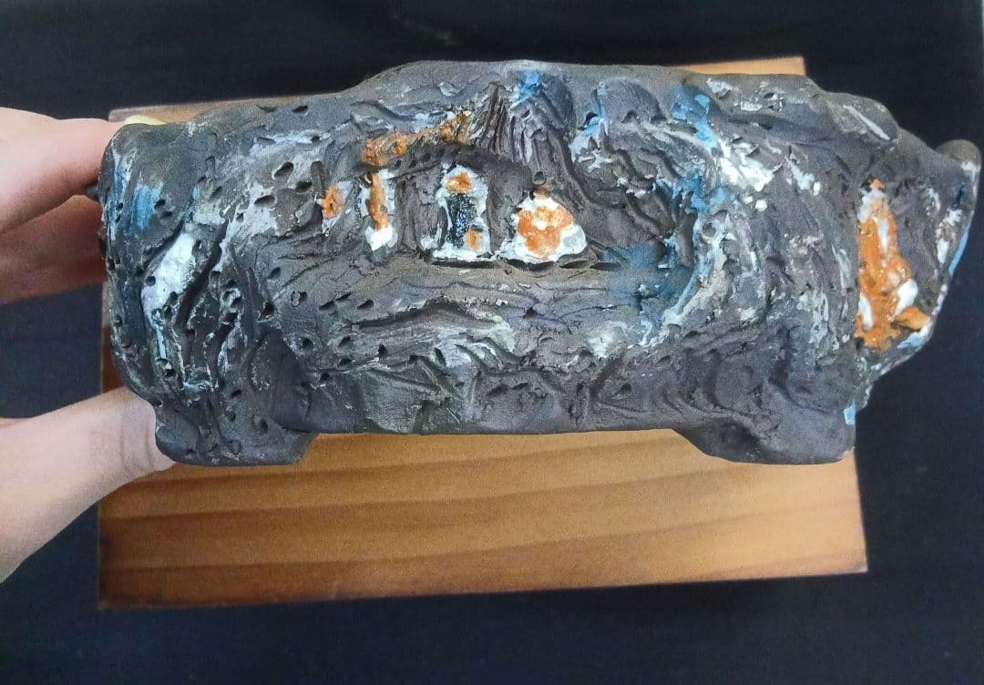 007.【浅井茶山作】岩山滝水車/変型鉢/盆栽鉢/木箱付き