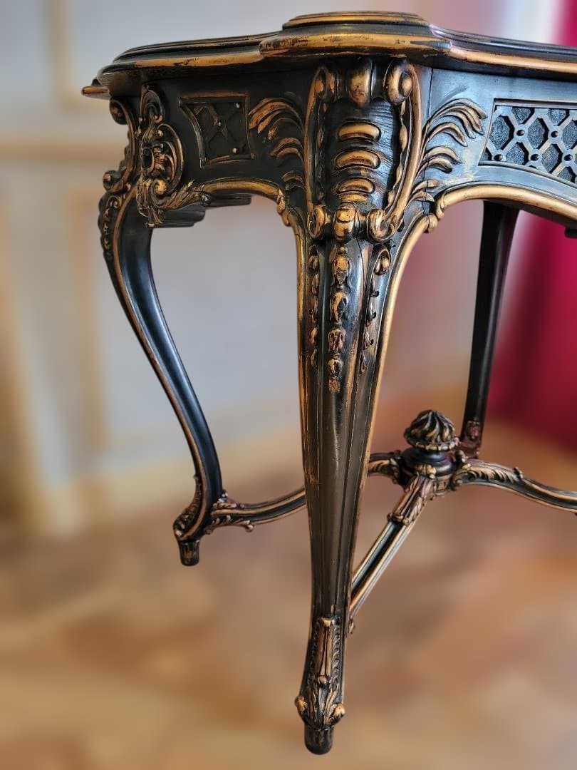 テーブル　フランス　アンティーク　ロココ様式　木製　猫脚　黒　金　レザートップ