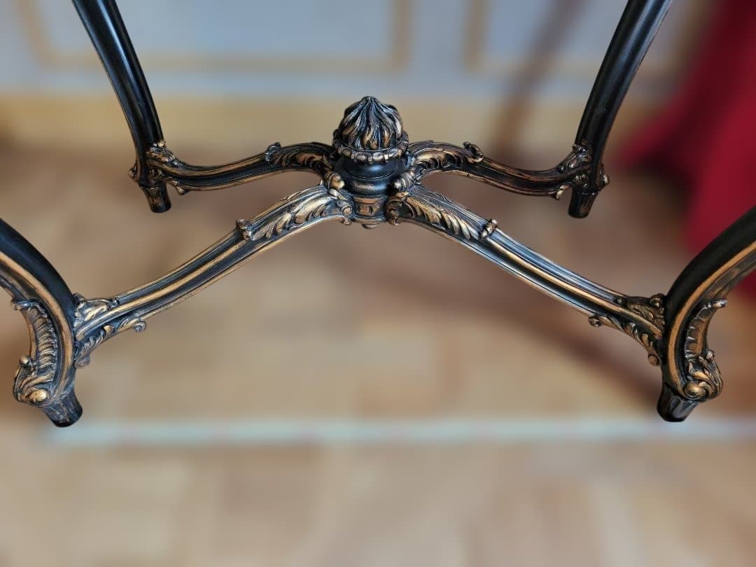 テーブル　フランス　アンティーク　ロココ様式　木製　猫脚　黒　金　レザートップ