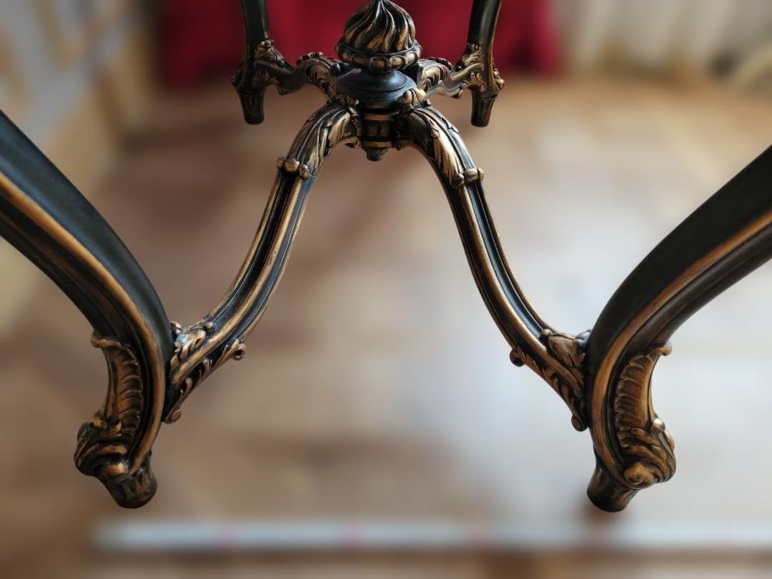 テーブル　フランス　アンティーク　ロココ様式　木製　猫脚　黒　金　レザートップ