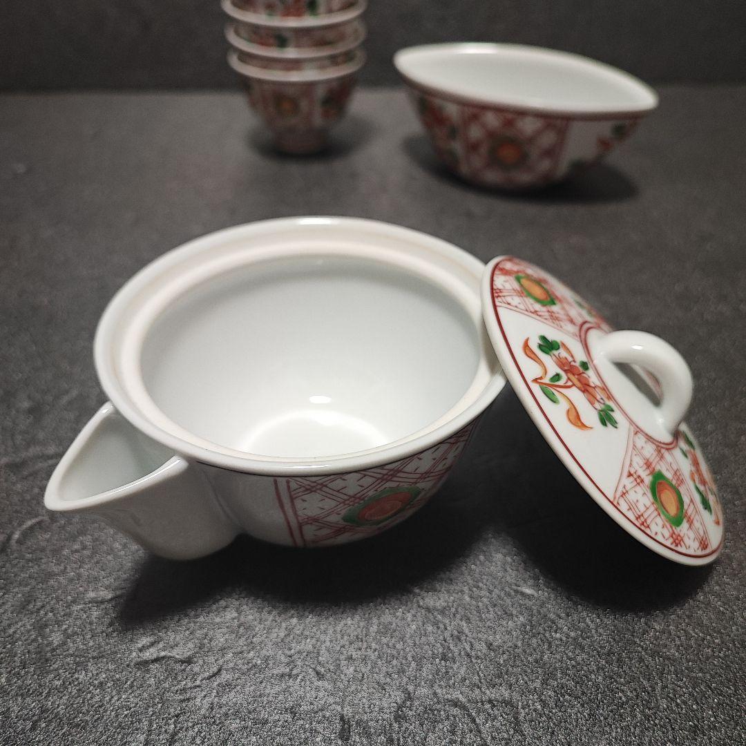 煎茶道具　有田　宝瓶　玉露　小茶器7点セット　グリーン玉赤絵　金彩　仙月