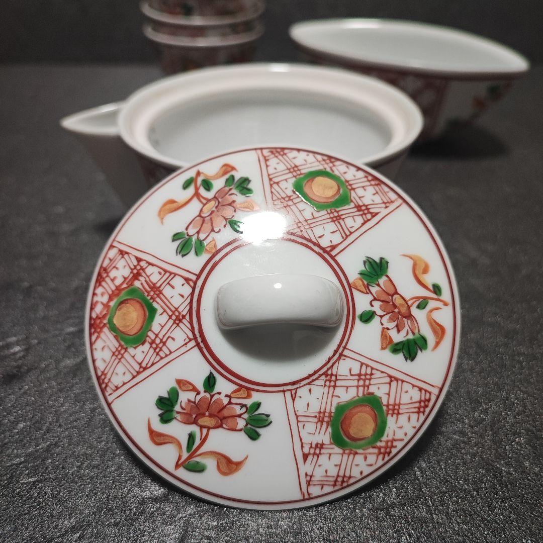 煎茶道具　有田　宝瓶　玉露　小茶器7点セット　グリーン玉赤絵　金彩　仙月