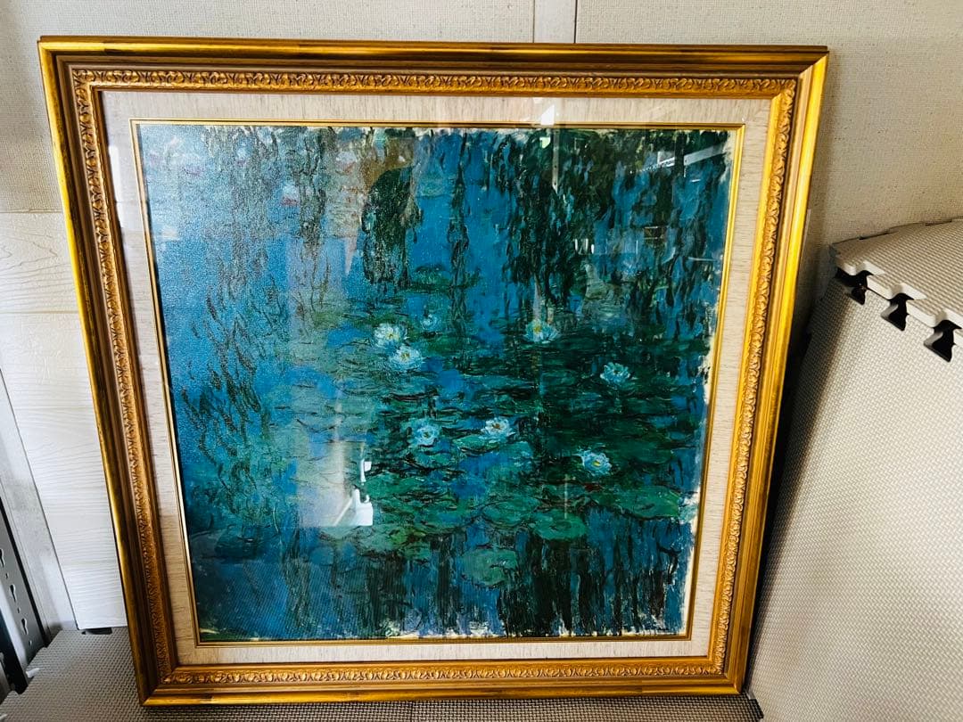 KA82☆青い睡蓮☆モネ 風景画 額縁付 説明付 箱有り 袋有り 大型 美品