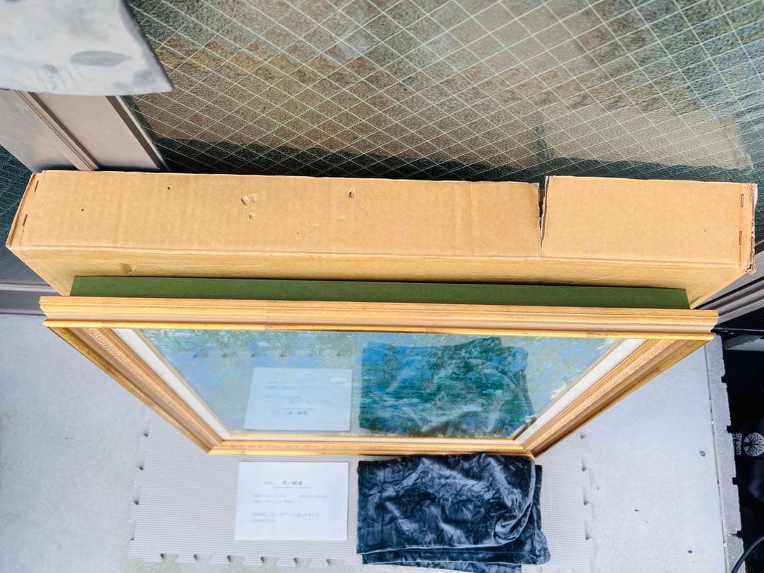 KA82☆青い睡蓮☆モネ 風景画 額縁付 説明付 箱有り 袋有り 大型 美品