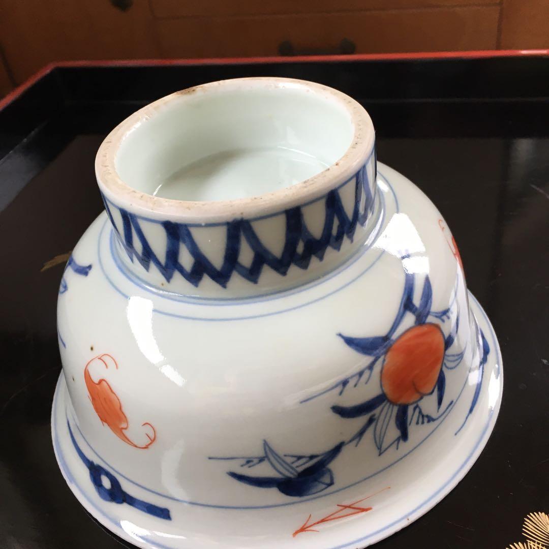 古伊万里　金彩色絵　菊唐草、瓔珞文、桃の図　三つ組鉢